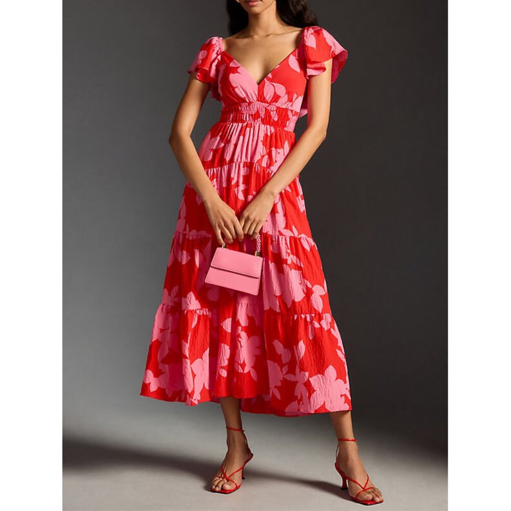 Anthropologie The Silverlake Flutter-Sleeve Dress Red XS Petite XSP